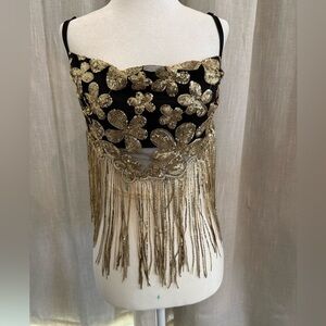 For Love & Lemons Gold Sequin Fringe Bustier Top Black Festival Party M NWT